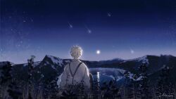 Rule 34 | 1boy, artist name, blonde hair, from behind, grass, highres, illumi999, lake, male focus, moon, mountain, nature, night, night sky, original, outdoors, reflection, reflective water, shooting star, short hair, sky, solo, upper body