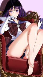 Rule 34 | 1girl, absurdres, armchair, barefoot, bishoujo senshi sailor moon, boots, chair, commission, feet, foot focus, highres, holding, holding shoes, looking at viewer, marumai, medium hair, parted lips, pixiv commission, purple eyes, purple hair, sailor saturn, shoes, single shoe, sitting, skin tight, solo, thighs, toes, unworn boots, unworn shoes