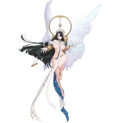 Rule 34 | 1girl, angel, angel wings, areola slip, azazel (last origin), barefoot, breasts, cleavage, covered erect nipples, full body, game cg, gloves, green hair, hair over one eye, halo, highres, huge breasts, large breasts, last origin, long hair, looking at viewer, official art, purple eyes, revealing clothes, rorobomb, solo, tachi-e, transparent background, underboob, very long hair, white gloves, wings, yes
