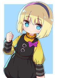 Rule 34 | 1girl, black dress, black hairband, blonde hair, blue background, blue eyes, blush, bow, clenched hand, closed mouth, commentary request, dohna dohna issho ni warui koto o shiyou, dress, female focus, hair between eyes, hairband, hand up, highres, layered sleeves, long sleeves, looking at viewer, mob (dohna dohna), naga u, puffy short sleeves, puffy sleeves, purple bow, shirt, short hair, short over long sleeves, short sleeves, sleeveless, sleeveless dress, solo, two-tone background, white background, yellow shirt