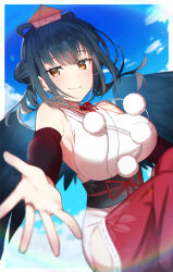 Rule 34 | 1girl, absurdres, bare shoulders, beckoning, black hair, black wings, blue sky, breasts, closed mouth, detached sleeves, double bun, feathered wings, flying, hair bun, hakama, hakama pants, highres, hip vent, impossible clothes, japanese clothes, kimono, koori (superumaice), large breasts, long hair, looking at viewer, nijisanji, obi, pants, pom pom (clothes), reaching, reaching towards viewer, red hakama, red pants, red sleeves, sash, sky, sleeveless, sleeveless kimono, smile, solo, twintails, underbust, virtual youtuber, white kimono, wings, yamagami karuta, yamagami karuta (1st costume), yellow eyes