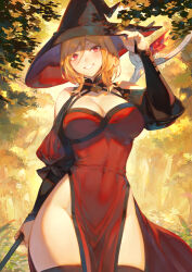 Rule 34 | 1girl, black hat, blonde hair, breasts, cleavage, covered navel, dress, grin, hat, highres, holding, holding weapon, large breasts, lilith (hijiri kishi sonia-san), looking at viewer, mashuu (neko no oyashiro), original, pelvic curtain, red dress, red eyes, sidelocks, smile, solo, thighhighs, weapon, witch, witch hat