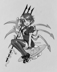 Rule 34 | 1girl, absurdres, asymmetrical wings, commentary request, dress, full body, greyscale, highres, houjuu nue, kamenozoki momomo, monochrome, one-hour drawing challenge, one eye closed, open mouth, pointy ears, polearm, shoes, short sleeves, signature, simple background, smile, solo, thighhighs, touhou, trident, twitter username, weapon, white background, wings