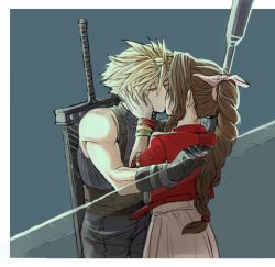Rule 34 | 1boy, 1girl, aerith gainsborough, belt, blonde hair, blue pants, blue shirt, bracelet, braid, brown hair, buster sword, closed eyes, cloud strife, cropped jacket, dress, final fantasy, final fantasy vii, final fantasy vii remake, grey background, hair between eyes, hair ribbon, hands on another&#039;s face, hetero, highres, holding, holding staff, jacket, jewelry, kiss, long hair, muscular, muscular male, pants, parted bangs, pink dress, pink ribbon, red jacket, ribbon, shirt, short hair, short sleeves, sidelocks, sleep junky, sleeveless, sleeveless turtleneck, spiked hair, square enix, staff, suspenders, turtleneck, upper body, weapon, weapon on back
