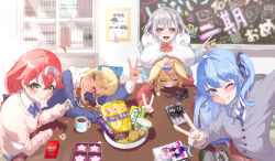 Rule 34 | 5girls, animal ears, black jacket, blonde hair, blue cardigan, blue hair, blue nails, blush, brand name imitation, breast rest, breast smother, breasts, breasts on head, cardigan, chips (food), commentary request, competition school swimsuit, dress shirt, face to breasts, food, fox ears, grey cardigan, grey hair, grin, highres, hololive, hood, hooded jacket, hoshimachi suisei, indoors, jacket, kotatsu, large breasts, looking at viewer, manga (object), multiple girls, nail polish, official alternate costume, omaru polka, oshi no ko, pink cardigan, pink hair, pocky, pointy ears, potato chips, red cardigan, sakura miko, school swimsuit, school uniform, shiranui flare, shiranui kensetsu, shirogane noel, shirt, smile, snack, swimsuit, table, takotobuta, v, virtual youtuber, yellow cardigan