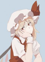 Rule 34 | 1girl, ascot, blonde hair, blue eyes, commentary request, crystal, flandre scarlet, hand on own cheek, hand on own face, hand up, hat, head rest, highres, looking at viewer, mob cap, red eyes, red ribbon, red vest, ribbon, shiratama (hockey), shirt, short sleeves, simple background, solo, touhou, upper body, vest, white hat, white shirt, wings, wrist cuffs, yellow ascot