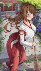 Rule 34 | 1girl, blue eyes, breasts, broom, brown hair, bush, chest sarashi, collarbone, detached sleeves, falling leaves, floating hair, flower, foot out of frame, hakama, highres, holding, holding broom, japanese clothes, large breasts, leaf, long hair, looking at viewer, miko, open mouth, original, outdoors, purple flower, red hakama, sandals, sarashi, shrine, silvertsuki, smile, socks, solo, sweeping, tabi, tile floor, tiles, white socks