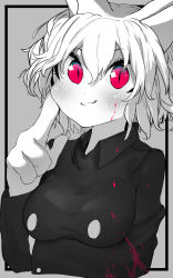 Rule 34 | 1girl, :3, absurdres, animal ears, blood, blood splatter, blush, border, breasts, buttons, cat ears, closed mouth, collared shirt, double-breasted, fewer digits, grey background, grey border, hair between eyes, highres, hunter x hunter, index finger raised, long sleeves, looking at viewer, medium breasts, medium hair, neferpitou, niwarhythm, outside border, pink blood, shirt, simple background, slit pupils, smile, upper body, wide-eyed, wing collar