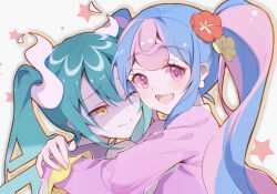 Rule 34 | 2girls, :d, absurdres, aqua hair, blue hair, cloudyman, creatures (company), earrings, fairy miku (project voltage), flower, game freak, ghost miku (project voltage), hair flower, hair ornament, hatsune miku, highres, hug, jewelry, multiple girls, nintendo, one eye closed, open mouth, pink eyes, pink hair, pokemon, project voltage, smile, twintails, vocaloid, yellow eyes