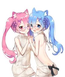 Rule 34 | 10s, 2girls, :d, alternate costume, alternate hair length, alternate hairstyle, animal ears, ass, ayami (annahibi), backless dress, backless outfit, bare arms, bare back, bare shoulders, bespectacled, black bow, blue eyes, blue hair, bow, breasts, butt crack, cat ears, closed mouth, cowboy shot, dress, from behind, glasses, hair ornament, hair ribbon, hairclip, halterneck, holding hands, interlocked fingers, long hair, looking at viewer, looking back, meme attire, multiple girls, naked sweater, no bra, open mouth, pink-framed eyewear, pink hair, purple ribbon, ram (re:zero), re:zero kara hajimeru isekai seikatsu, rem (re:zero), ribbed sweater, ribbon, siblings, simple background, sisters, small breasts, smile, standing, sweater, sweater dress, turtleneck, turtleneck sweater, twins, twintails, virgin killer sweater, white background, x hair ornament