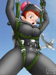 Rule 34 | 1girl, aircraft, airplane, bodysuit, brown eyes, day, diving mask, diving suit, gegege no kitarou, goggles, harness, military, nekomusume, parachute, red hair, sky, solo, uzushio (uzusio)