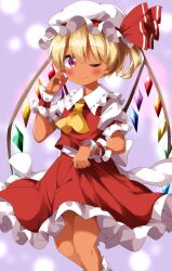 Rule 34 | 1girl, ;), alternate hair length, alternate hairstyle, ascot, blonde hair, commentary request, crystal, feet out of frame, flandre scarlet, hat, hat ribbon, highres, looking at viewer, mob cap, one eye closed, purple background, red eyes, red ribbon, red skirt, red vest, ribbon, ruu (tksymkw), short hair, short sleeves, simple background, skirt, smile, solo, tan, touhou, vest, white hat, wings, wrist cuffs, yellow ascot