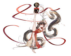 Rule 34 | 1girl, absurdly long hair, alcohol, animal ears, arm up, armpits, ass, bare arms, bare legs, bare shoulders, barefoot, black hair, china dress, chinese clothes, choko (cup), cup, curled horns, dress, fh moya, floating hair, full body, horns, long hair, looking at viewer, original, panties, pelvic curtain, pot, pouring, red dress, red panties, red ribbon, ribbon, sake, side slit, simple background, sleeveless, sleeveless dress, sleeveless turtleneck, solo, split, standing, standing on one leg, thighs, turtleneck, underwear, very long hair, white background, yellow eyes