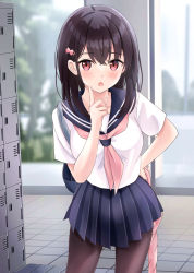 Rule 34 | 1girl, black hair, blue sailor collar, blue skirt, blush, bow, breasts, brown pantyhose, closed umbrella, collarbone, commentary request, getabako, hair between eyes, hair bow, hair ornament, hairclip, hand up, highres, holding, holding umbrella, index finger raised, indoors, long hair, looking at viewer, neckerchief, open mouth, original, pantyhose, pink bow, pink neckerchief, pink umbrella, pleated skirt, red eyes, sailor collar, school uniform, serafuku, shirt, short sleeves, skirt, small breasts, solo, standing, tile floor, tiles, umbrella, white shirt, yukimaru217