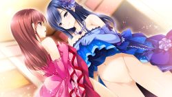 Rule 34 | 1boy, 1girl, asakura chihiro, bare shoulders, blue dress, blue eyes, blue hair, blush, bottomless, breasts, brown hair, censored, cleavage, clothes lift, crossdressing, dress, dress lift, earrings, elbow gloves, erection, flower, game cg, gloves, hair flower, hair ornament, highres, jewelry, large breasts, lifting own clothes, light particles, long hair, makise satsuki, mosaic censoring, navel, necklace, no panties, open mouth, otome ga irodoru koi no essence, penis, pink dress, pussy, smile, sparkle, trap, yellow eyes, zinno