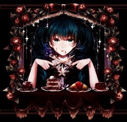 Rule 34 | 1girl, alternate hair color, alternate hairstyle, bad id, bad pixiv id, black hair, black nails, blue eyes, cake, food, fork, hatsune miku, knife, long hair, looking at viewer, nail polish, pudding, remon (10112), simple background, smile, solo, twintails, vocaloid