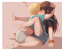 Rule 34 | 2girls, arm behind head, barefoot, black hair, blonde hair, blue shirt, blush, bob cut, bracelet, closed eyes, closed mouth, commentary request, cropped shirt, inoue takina, jewelry, kiss, long hair, looking at another, lycoris recoil, matching accessory, midriff, milktea (gggrrr2000), multiple girls, nishikigi chisato, one side up, overalls, purple eyes, shirt, short hair, short sleeves, shorts, sidelocks, white shorts, yuri
