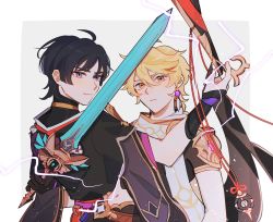 Rule 34 | 2boys, aether (genshin impact), armor, bare arms, black hair, blonde hair, braid, braided ponytail, cape, ear piercing, earrings, electricity, eyebrows, eyelashes, genshin impact, grey eyes, hair between eyes, highres, holding, holding sword, holding weapon, jewelry, long hair, long sleeves, looking at viewer, male focus, multiple boys, orange eyes, oratoza, pale skin, piercing, scaramouche (genshin impact), short hair, short sleeves, shoulder armor, smile, sword, tagme, weapon, white background, wristband