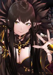 Rule 34 | 1girl, absurdres, bare shoulders, black dress, breasts, bridal gauntlets, brown hair, cleavage, dress, fate/apocrypha, fate (series), fur trim, gold trim, highres, kurosaki toshi, large breasts, long hair, looking at viewer, pointy ears, semiramis (fate), sidelocks, slit pupils, smile, solo, spikes, very long hair, yellow eyes