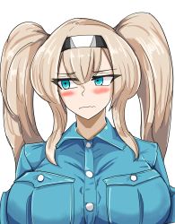 Rule 34 | 1girl, alternate costume, blonde hair, blue eyes, blue shirt, blush, breast pocket, buttons, ciudad, closed mouth, collared shirt, commentary request, cosplay, embarrassed, gambier bay (kancolle), gambier bay (kancolle) (cosplay), graf zeppelin (kancolle), hair between eyes, hairband, highres, kantai collection, long hair, looking at viewer, pocket, shirt, sidelocks, simple background, solo, standing, twintails, upper body, white background