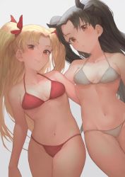 Rule 34 | 2girls, arm at side, arm behind back, bikini, black bow, black hair, blonde hair, bow, breasts, breasts apart, brown eyes, closed mouth, collarbone, commentary, cowboy shot, dutch angle, ereshkigal (fate), fate/grand order, fate (series), groin, hair bow, highleg, highleg bikini, highres, ishtar (fate), long hair, looking at viewer, medium breasts, multiple girls, navel, otsukemono, parted bangs, red bikini, red bow, simple background, smile, standing, stomach, string bikini, swimsuit, twintails, two side up, underboob, very long hair, white background, white bikini