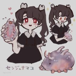 Rule 34 | 1girl, animal, blunt bangs, blush, bright pupils, brown hair, collared dress, commentary request, cropped torso, dress, frilled sleeves, frills, gestart333, gosick, goth fashion, gothic lolita, heart, highres, holding, holding animal, lolita fashion, multiple views, neck ribbon, no nose, open mouth, original, pixiv username, ribbon, sea pig, smile, sparkle, sparkling eyes, sweatdrop, twintails, wavy mouth, white pupils