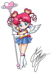 Rule 34 | 1990s (style), 1girl, bishoujo senshi sailor moon, bishoujo senshi sailor moon sailor stars, blue eyes, blue sailor collar, blue skirt, boots, bow, brooch, chibi chibi, choker, double bun, drill hair, earrings, full body, gloves, hair bun, hair ornament, hairpin, heart, heart brooch, heart earrings, heart hair bun, jewelry, knee boots, lowres, marco albiero, pleated skirt, red bow, red hair, retro artstyle, sailor chibi chibi, sailor collar, short hair, signature, skirt, smile, solo, staff, standing, twin drills, white background, white gloves, white wings, wings