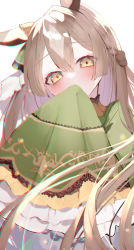 Rule 34 | 1girl, absurdres, animal ears, blush, braid, brown eyes, brown hair, chromatic aberration, covering own mouth, dress, ear ornament, frills, green dress, hair between eyes, half updo, hand over own mouth, highres, hinamori (18ar0), horse ears, horse girl, long hair, looking at viewer, satono diamond (umamusume), simple background, sleeves past fingers, sleeves past wrists, solo, umamusume, white background