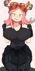 Rule 34 | 1girl, artist name, bare shoulders, boku no hero academia, breasts, cleavage, collarbone, goggles, goggles on head, hatsume mei, highres, holding, holding wrench, jellcaps, large breasts, looking at viewer, medium hair, open mouth, pink hair, smile, solo, symbol-shaped pupils, tank top, wrench, yellow eyes