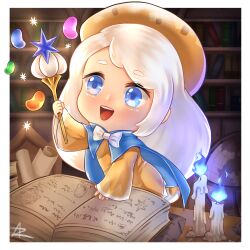 Rule 34 | 1girl, :d, blue eyes, book, bookshelf, border, bow, brown headwear, candle, candle wax, candy, chibi, cookie run, cream puff cookie, english text, fire, food, globe, highres, holding, holding wand, indoors, jelly bean, long hair, luzen-ros (aterz), open book, open mouth, purple fire, scroll, smile, wand, white border, white bow, white hair