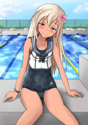 Rule 34 | 10s, 1girl, blonde hair, blue eyes, crop top, flower, hair flower, hair ornament, highres, kantai collection, one-piece tan, poolside, ro-500 (kancolle), sailor collar, school swimsuit, sitting, swimsuit, swimsuit under clothes, tachi (mtd), tan, tanline