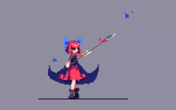 Rule 34 | 1girl, animated, boots, cloak, high heel boots, high heels, pixel art, polearm, red eyes, red hair, sekibanki, solo, spear, touhou, video, weapon, yemengmengai