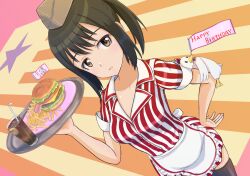Rule 34 | 1girl, apron, black hair, black thighhighs, blush, breasts, brown eyes, burger, coca-cola, collarbone, food, french fries, geena preddy, hand on own hip, happy birthday, hat, keicha (kmoekaki), looking at viewer, military hat, noble witches, open mouth, shiny skin, short hair, small breasts, smile, solo, thighhighs, waitress, world witches series