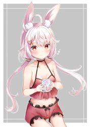 Rule 34 | 1girl, ahoge, animal ear fluff, animal ears, bare arms, bare shoulders, black choker, blush, camisole, choker, closed mouth, collarbone, commentary request, cup, fang, fang out, fingernails, frilled shorts, frills, grey background, hair between eyes, hair ornament, heart, heart hair ornament, highres, holding, holding cup, long hair, looking at viewer, low twintails, mashiro aa, midriff, mug, nail polish, navel, pink hair, print mug, rabbit ears, red camisole, red eyes, red nails, red shorts, short eyebrows, short shorts, shorts, sitting, smile, solo, thick eyebrows, tomari mari, tomari mari channel, twintails, two-tone background, very long hair, virtual youtuber, white background