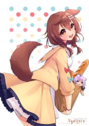 Rule 34 | 2girls, :d, ahoge, animal ear fluff, animal ears, artist name, bag, baguette, bone hair ornament, braid, bread, breasts, brown eyes, brown hair, cartoon bone, cat ears, collaboration, collared dress, commentary, dog ears, dog girl, dog tail, dress, english commentary, food, grocery bag, hair between eyes, hair ornament, hair over shoulder, highres, holding, holding bag, hololive, hyanna-natsu, inugami korone, inugami korone (1st costume), jacket, long hair, long sleeves, looking at viewer, looking to the side, medium breasts, mini person, minigirl, multicolored polka dots, multiple girls, nekomata okayu, open clothes, open jacket, open mouth, paper bag, pleated dress, polka dot, purple eyes, purple hair, shirt, shopping bag, simple background, smile, tail, tail raised, twin braids, virtual youtuber, vyolfers, white background, white shirt, yellow jacket