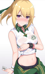 Rule 34 | 1girl, bare arms, bare shoulders, black choker, blonde hair, blush, breasts, chloe (princess connect!), chloe (school festival) (princess connect!), choker, closed mouth, clothes around waist, collared shirt, condom, condom wrapper, cowboy shot, elf, embarrassed, emblem, highres, holding, holding condom, medium breasts, nanoyo, navel, nervous smile, nose blush, pointy ears, princess connect!, purple eyes, shirt, short hair, short ponytail, sleeveless, sleeveless shirt, smile, solo, stomach, sweatband, tied shirt, v-shaped eyebrows, wet, wet clothes, wet shirt, white shirt