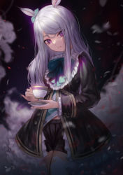Rule 34 | 1girl, animal ears, black jacket, black skirt, blue bow, blue bowtie, blue ribbon, bow, bowtie, commentary request, cowboy shot, cup, dark background, ear ornament, ear ribbon, highres, holding, holding cup, horse ears, jacket, long hair, long sleeves, looking at viewer, mejiro mcqueen (umamusume), miniskirt, open clothes, open jacket, parted lips, petals, pink eyes, purple hair, ribbon, saucer, scowl, skirt, solo, swept bangs, teacup, torriet, umamusume