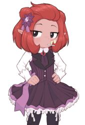 Rule 34 | 1girl, beebz (demon turf), black eyes, buttons, child, demon turf, dress, female focus, frilled dress, frills, hair ornament, hands on own hips, highres, looking at viewer, pointy ears, purple dress, red hair, shino (shinokani), solo, standing, white background