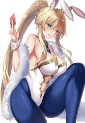Rule 34 | 1girl, ahoge, animal ears, artoria pendragon (all), artoria pendragon (fate), artoria pendragon (swimsuit ruler) (fate), bare shoulders, blonde hair, blue necktie, blue pantyhose, blush, braid, breasts, card, center opening, cleavage, crown, detached collar, fake animal ears, fate/grand order, fate (series), feather boa, french braid, green eyes, hair between eyes, harimoji, highleg, highleg leotard, highres, holding, holding card, knee up, large breasts, leotard, long hair, looking at viewer, necktie, pantyhose, playboy bunny, playing card, ponytail, rabbit ears, rabbit tail, sidelocks, simple background, smile, solo, strapless, strapless leotard, tail, white background, white leotard, wrist cuffs