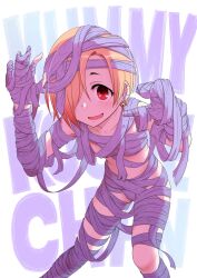 Rule 34 | 1girl, :d, absurdres, aojiroi fokkusu, arms up, bandages, blonde hair, breasts, claw pose, earrings, hair over one eye, halloween, halloween costume, highres, idolmaster, idolmaster cinderella girls, jewelry, looking at viewer, mummy costume, naked bandage, navel, open mouth, red eyes, shirasaka koume, short hair, simple background, small breasts, smile, solo, white background