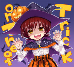 Rule 34 | 1girl, bat (animal), brown eyes, brown hair, chunithm, cloak, fangs, gradient background, halloween costume, hat, hisasi, jack-o&#039;-lantern, looking at viewer, open mouth, short hair, skirt, solo, striped clothes, striped skirt, trick or treat, tsukisuzu nachi, witch hat