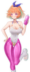 Rule 34 | 1girl, absurdres, bare shoulders, bottle, breasts, cleavage, colored inner hair, covered navel, earrings, feet out of frame, floral print, green hair, hairband, highres, hololive, hololive english, hoop earrings, jewelry, kfp, large breasts, leg warmers, leotard, looking at viewer, multicolored hair, nyu-tan94, orange hair, pantyhose, purple eyes, purple pantyhose, short ponytail, simple background, smile, solo, standing, standing on one leg, takanashi kiara, takanashi kiara (7th costume), thigh gap, tongue, tongue out, virtual youtuber, water bottle, white background, wide hips