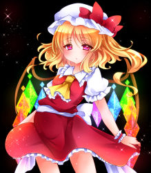 Rule 34 | 1girl, :/, ascot, bad id, bad pixiv id, black background, blonde hair, contrapposto, flandre scarlet, hat, hat ribbon, juemid luna, looking at viewer, mob cap, puffy short sleeves, puffy sleeves, red eyes, ribbon, short hair, short sleeves, side ponytail, skirt, skirt hold, skirt set, solo, sparkle, standing, touhou, wind, wrist cuffs