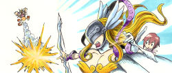Rule 34 | 2girls, angel, angel wings, angewomon, angry, artist request, bandai, bare shoulders, blonde hair, bow, breasts, claws, creatures (company), crossover, defeat, digimon, explosion, female focus, game freak, gen 1 pokemon, helmet, highres, large breasts, long hair, meowth, multiple girls, multiple wings, nintendo, open mouth, pokemon, pokemon (creature), short hair, tail, traditional media, violence, wings, yagami hikari