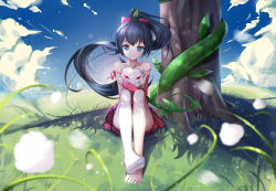 Rule 34 | 1girl, arm warmers, asa ni haru, asymmetrical clothes, bare shoulders, barefoot, black hair, blue eyes, blue sky, blurry, bow, cloud, collarbone, day, depth of field, dress, feet, grass, hair bow, high ponytail, highres, lens flare, long hair, motion blur, no shoes, onmyoji, outdoors, pink dress, single thighhigh, sitting, sky, smile, solo, thighhighs, tree, very long hair, ying grass