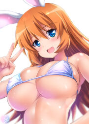 Rule 34 | 1girl, :d, animal ears, bare shoulders, bikini, blue eyes, blush, breasts, charlotte e. yeager, chinese zodiac, covered erect nipples, hair between eyes, highres, kamogawa tanuki, large breasts, long hair, looking at viewer, open mouth, orange hair, rabbit ears, signature, skindentation, smile, solo, sparkle, strike witches, string bikini, swimsuit, upper body, v, white bikini, world witches series, year of the rabbit