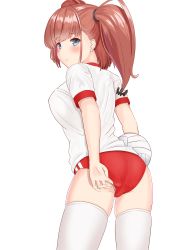 Rule 34 | 1girl, absurdres, adjusting buruma, adjusting clothes, ass, atlanta (kancolle), ball, breasts, brown hair, buruma, commentary request, earrings, from behind, grey eyes, gym uniform, highres, jewelry, kantai collection, large breasts, long hair, panties, panties under buruma, panty peek, red buruma, shirt, simple background, skindentation, solo, standing, star (symbol), star earrings, t-shirt, thighhighs, two side up, underwear, volleyball, volleyball (object), white background, white shirt, white thighhighs, zuki