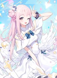 Rule 34 | 1girl, ;d, blue archive, blue background, blue bow, blue bowtie, blush, bow, bowtie, capelet, dress, feathered wings, flower, hair bun, hair flower, hair ornament, hair scrunchie, halo, highres, looking at viewer, low wings, mika (blue archive), one eye closed, open mouth, pink hair, punc p, scrunchie, single side bun, smile, solo, v, white capelet, white dress, white wings, wings, wrist scrunchie, yellow eyes