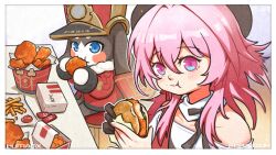 Rule 34 | 1girl, 1other, artist name, beret, black gloves, blue eyes, blush, border, burger, chinese commentary, collar, collarbone, commentary request, dated, detached collar, earrings, eating, food, food bite, french fries, fried chicken, gloves, hat, highres, holding, holding burger, holding food, honkai: star rail, honkai (series), huitianx, jacket, jewelry, kfc, march 7th (honkai: star rail), march 7th (kfc) (honkai: star rail), medium hair, multicolored clothes, multicolored jacket, off-shoulder jacket, off shoulder, official alternate costume, pink eyes, pink hair, pom-pom (honkai: star rail), red jacket, single earring, single glove, two-tone eyes, white border, white collar, white jacket