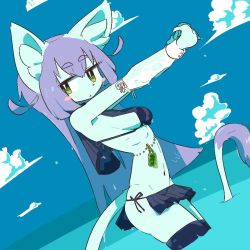 Rule 34 | 1girl, bikini, cat, dutch angle, female focus, from side, furry, furry female, looking at viewer, ocean, purple hair, sky, solo, swimsuit, the amboina, upper body, water, yellow eyes